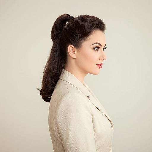 Photograph of a fair-skinned woman with dark, wavy hair in a high ponytail, wearing a beige textured blazer, facing right against