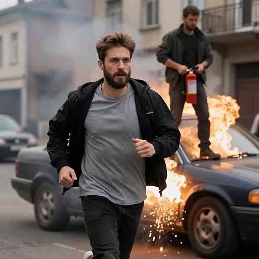 Man Running from Exploding Car on Urban Street