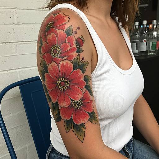 Photograph of a woman with a colorful, red floral tattoo on her upper arm, wearing a white tank top, seated against a white brick wall.