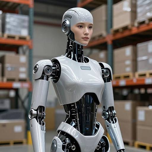 Photorealistic CGI of a sleek, silver and black female humanoid robot with a glossy finish, standing in a warehouse filled with boxed items on metal shelves