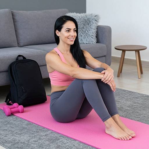 Photograph of a smiling woman with long black hair, pink sports bra, gray leggings, and pink yoga mat, sitting on a pink mat in a