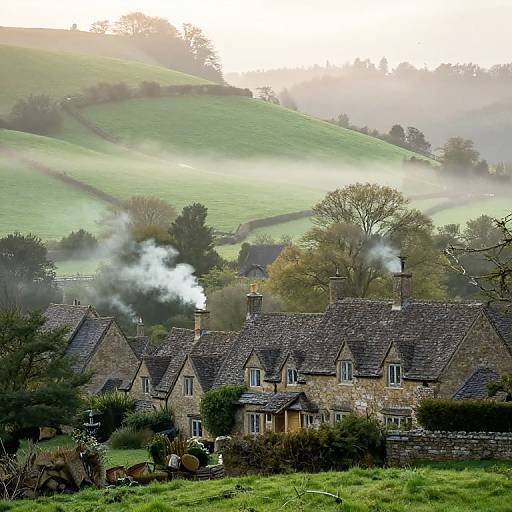 Photograph of a stone cottage with smoke rising from chimneys, nestled in lush green hills, misty morning light, and rolling countryside.