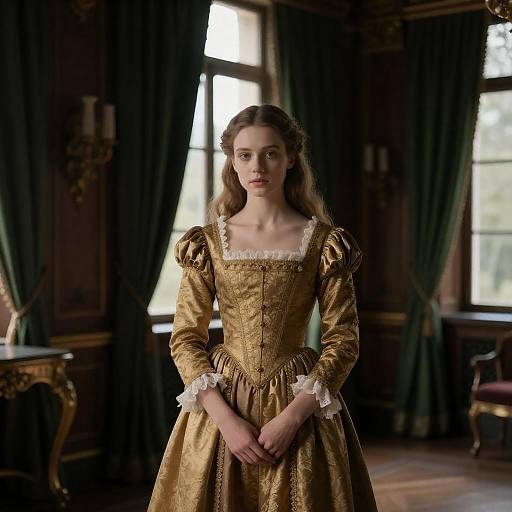 Young Woman in Renaissance Dress in Ornate Room