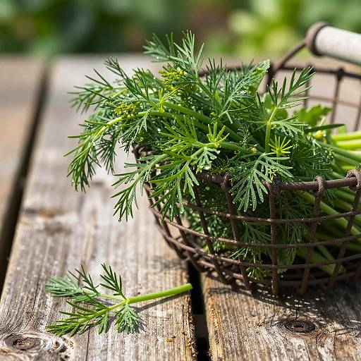 Fresh Dill Fronds on Rustic Fence