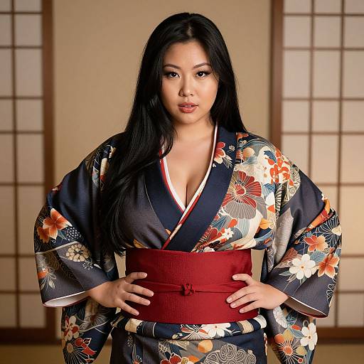 Photograph of an attractive Asian woman with long black hair, wearing a navy floral kimono with red obi, standing in front of shoji screens