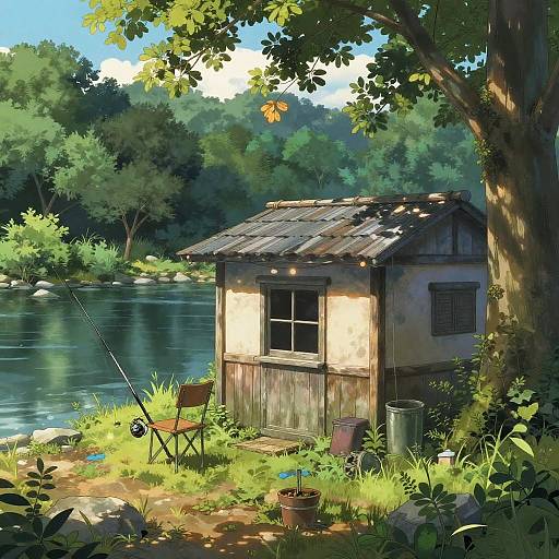 Serene River Shack with Anime Touch