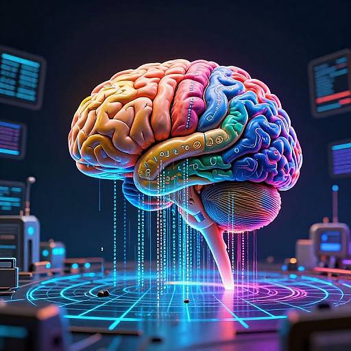 Digital artwork of a colorful, glowing brain with neon lights and liquid droplets, centered in a futuristic, neon-lit control room.