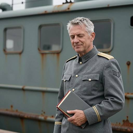 Gray Uniformed Man Beside Rusty Ship