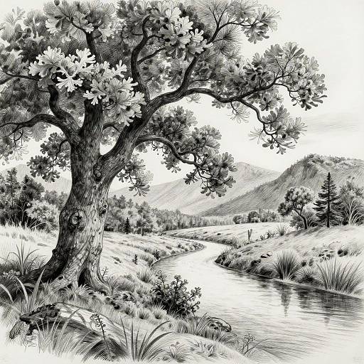Detailed black-and-white ink drawing of a large, flowering tree beside a winding river, with mountains and grassy banks in the background.