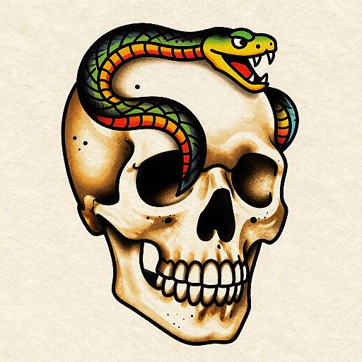 Vintage Skull and Snake Tattoo Flash