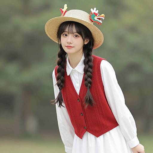 Braided Hairstyle with Straw Hat