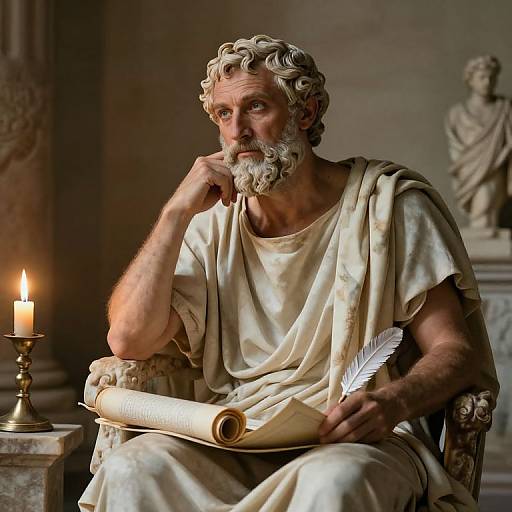 Photorealistic digital painting of an elderly, bearded man with curly white hair, wearing a draped toga, sitting thoughtfully by a candle,