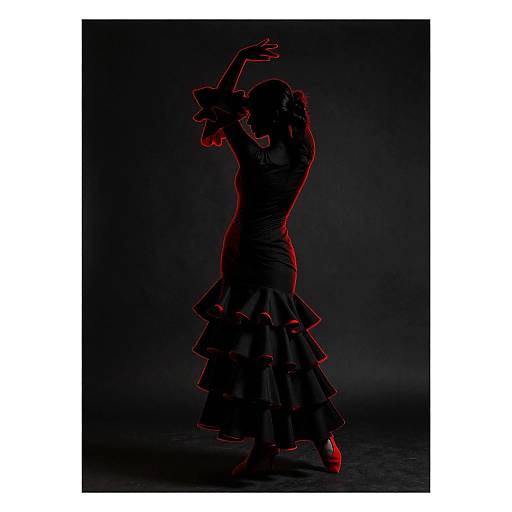 Silhouetted dancer in a ruffled, long dress, arms raised, against a dark background with red neon outlines, evoking a dramatic,