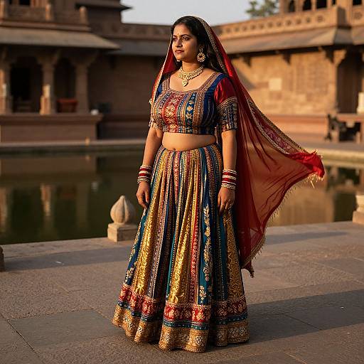 Photograph of a South Asian woman in an ornate traditional lehenga with gold and red embroidery, wearing a red dupatta, standing by a historic
