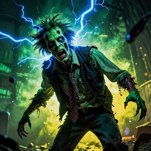 Digital artwork of a terrifying zombie with green, lightning-illuminated face, ragged clothes, and clawed hands, standing amidst a chaotic,