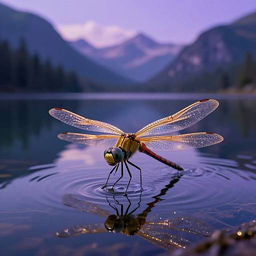 Surreal Dragonfly Over Mystic Lake