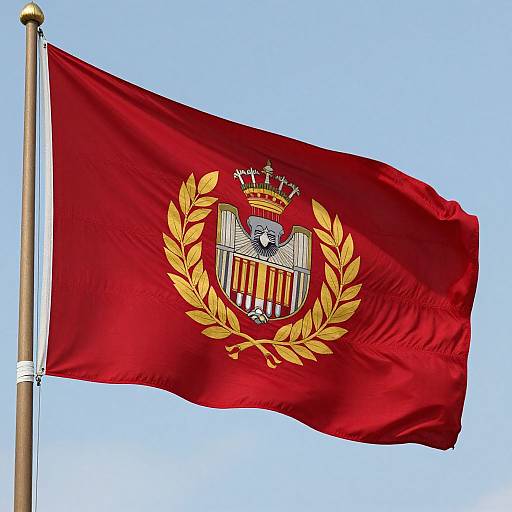 Photograph of the Romanian national flag with a red background, gold laurel wreath, and central crowned eagle emblem, waving against a clear blue sky
