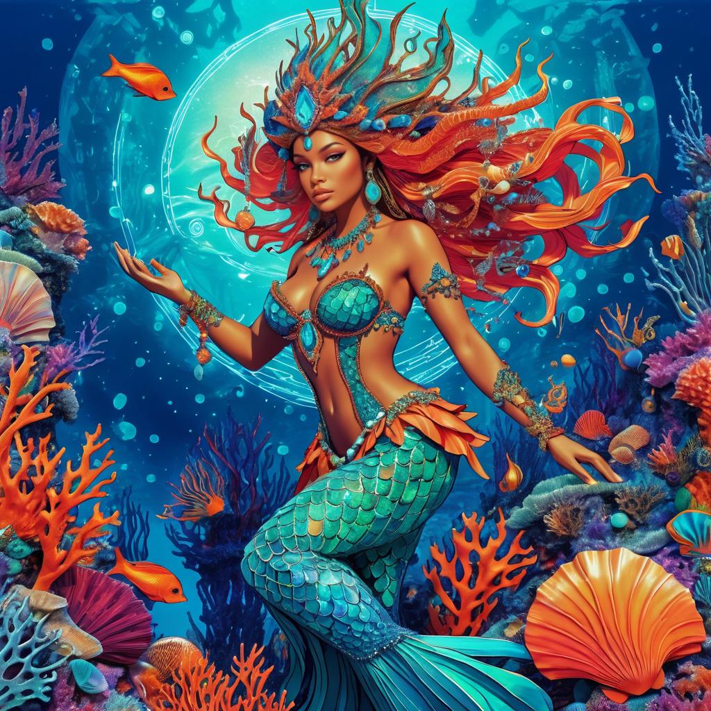 Mystical Mermaid Sorceress in Coral Reef