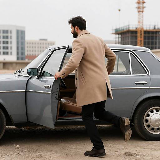 Man in Beige Coat Running to Vintage Car