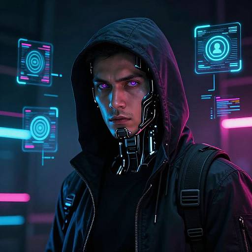Cyberpunk portrait of a serious man in a black hoodie with glowing purple eyes, cybernetic headset, and neon holographic interfaces.
