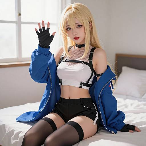 Photograph of a blonde cosplayer with red lips, wearing a white mesh top, black shorts, blue jacket, black gloves, and thigh-high stockings