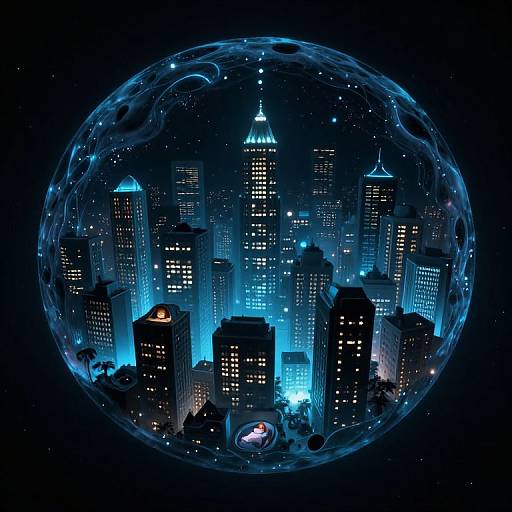 Digital artwork of a glowing blue cityscape inside a transparent, starry sphere with cosmic textures, featuring illuminated skyscrapers at night.