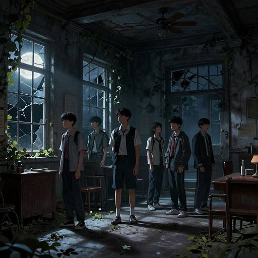 Digital anime-style illustration: Five teenage boys in dark school uniforms stand in a dimly lit, abandoned classroom with broken windows and vines, illuminated by moon