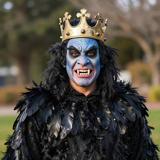 Photograph of a man in black feathered costume, gold crown, blue face paint, and fangs, standing outdoors with blurred trees.