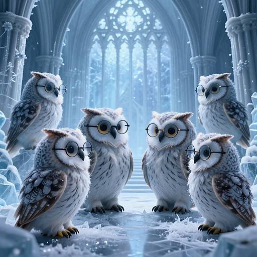 Scholarly Owls in Ice Cathedral