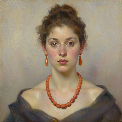 Photorealistic painting of a young woman with fair skin, brown hair in a bun, wearing red teardrop earrings and a matching bead necklace,