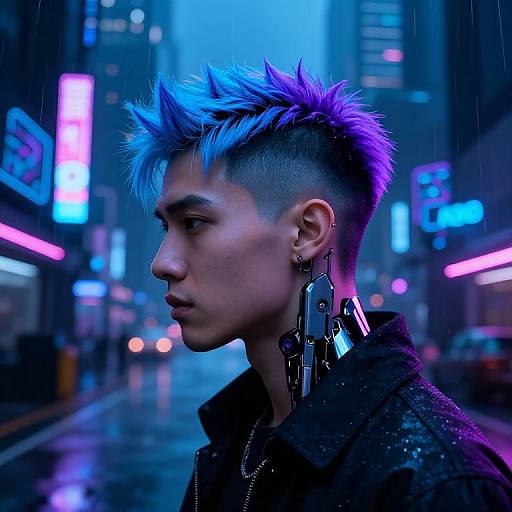 Cyberpunk photograph of an Asian man with spiky blue and purple hair, black jacket, and large metallic earrings, standing in a neon-lit