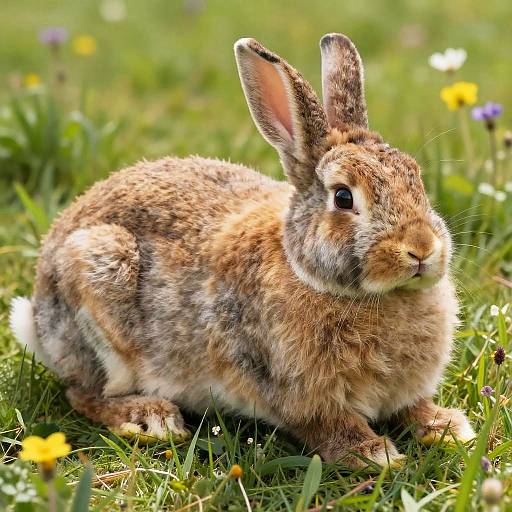 Photograph of a brown and gray striped rabbit with upright ears, sitting in a sunlit grassy field with scattered yellow and white wildflowers.