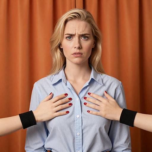 Confused Blonde Woman with Fake Arms