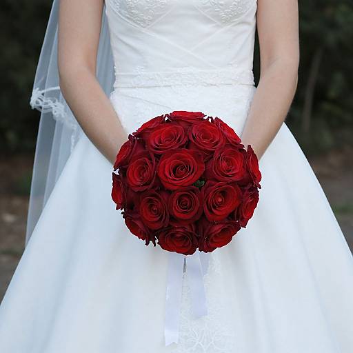 Photograph of a bride in a white lace wedding dress holding a vibrant red rose bouquet, with a sheer veil flowing down.