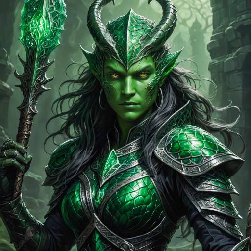 Female Dragonborn Warlock in Emerald Armor