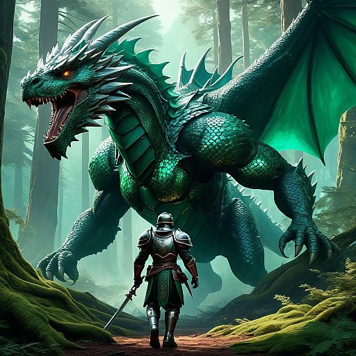Knight and Dragon in Enchanted Forest