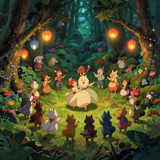 Whimsical forest scene with colorful, anthropomorphic animals celebrating under glowing lanterns, surrounded by vibrant flowers and lush greenery, in a playful,