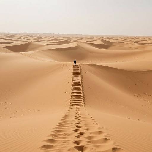 Photograph of a lone figure in a distant desert, standing at the top of a sandy dune, with footprints leading up the ridge in golden