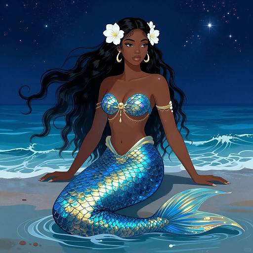 Digital artwork of a beautiful dark-skinned mermaid with long black hair, white flowers, gold jewelry, and shimmering blue scales, sitting on a