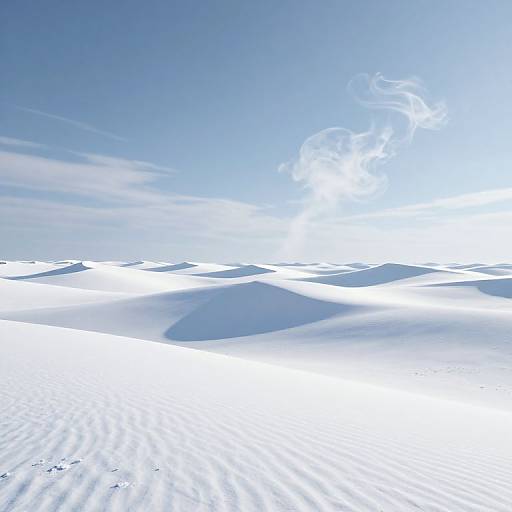Photorealistic image of a bright, sunlit desert with rippled white sand dunes under a clear, blue sky with wispy clouds.