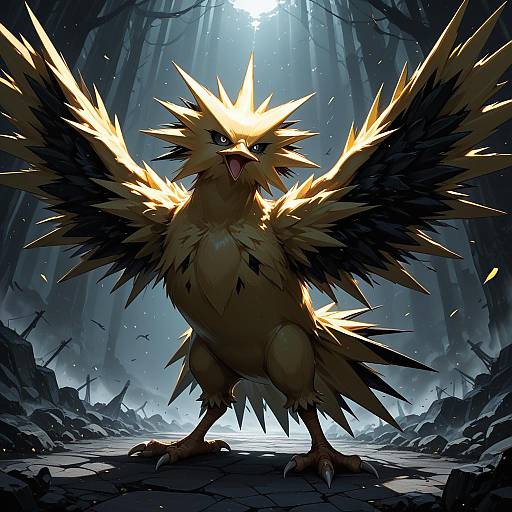 Illustration of Zapdos, pokemon in the style of Tuxedo de cat