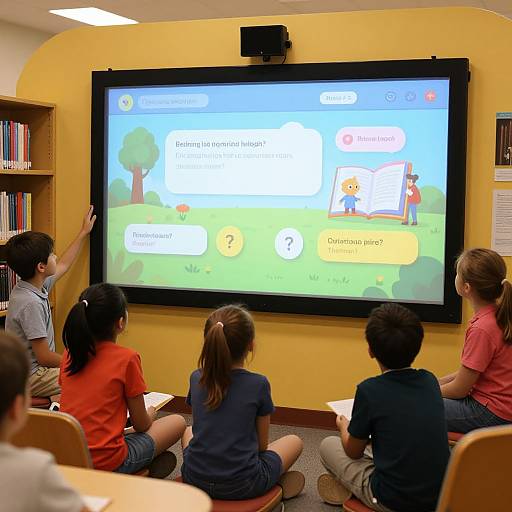 Kids Engaged with AI Storytelling Wall