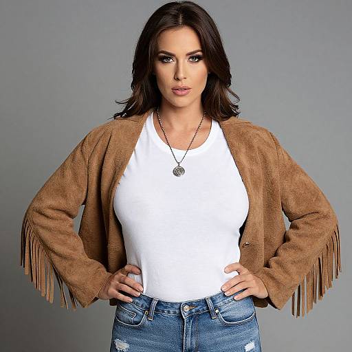 Photograph of a confident woman with dark brown hair, wearing a white tank top, brown fringe jacket, and blue jeans, hands on hips, gray