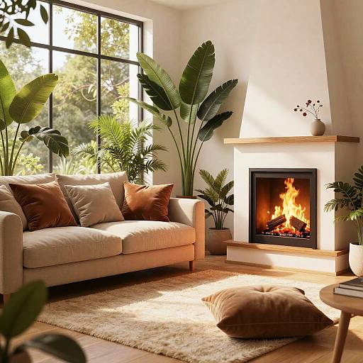 Photograph of a sunlit living room with a beige sofa, brown cushions, potted plants, a lit fireplace, and a large window.
