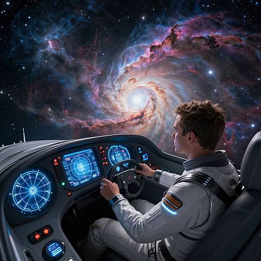Astronaut in white spacesuit pilots spaceship, gazing at vibrant, swirling galaxy with bright core and colorful nebulae in starry space.