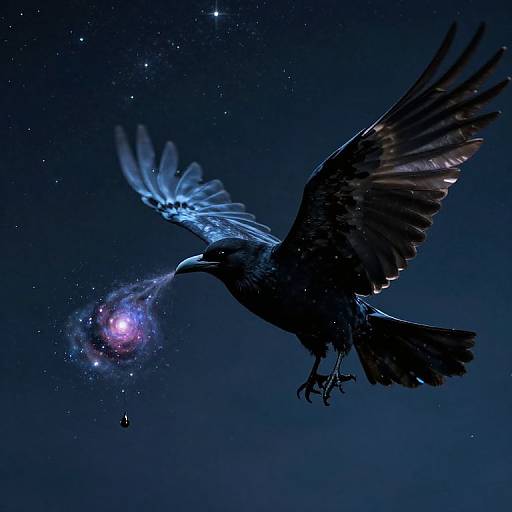 Digital artwork of a black crow with glowing blue wings, carrying a glowing, colorful galaxy in its beak against a starry night sky.