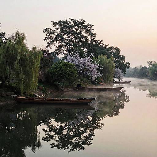 Photograph of a serene river at dawn, featuring three wooden boats, reflection of trees with blooming flowers, and misty water.