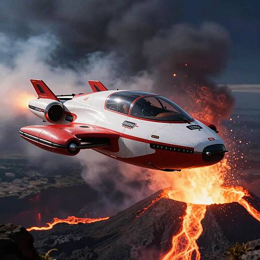 Photorealistic CGI of a red and white experimental jet flying over a volcanic eruption, emitting smoke and fire below.