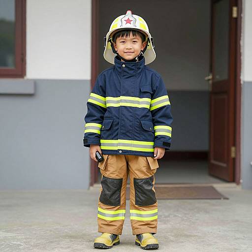 Young Boy in Realistic Firefighter Costume