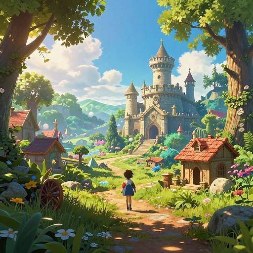 Digital fantasy artwork of a young girl walking towards a grand, castle-like tower in a vibrant, sunlit, flower-filled meadow.